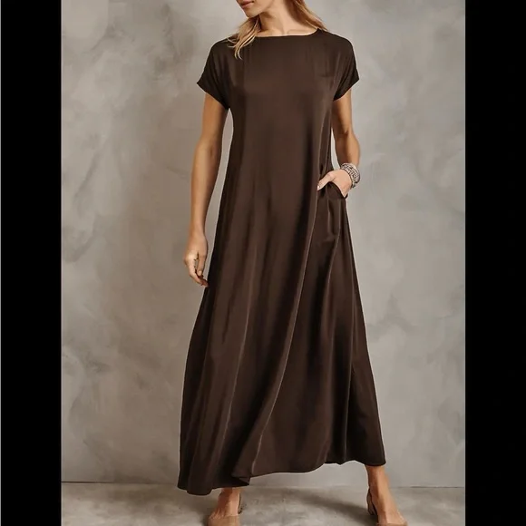 NWOT Pure Jill Ecovero Satin Maxi Dress Lagenlook Minimalist Boho Sustainable - Picture 1 of 8